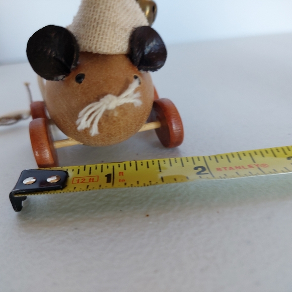 Vtg XMas Gibson Wooden Mouse Ornament  Burlap Hat With Leatherette Ears Pull Toy - Picture 9 of 10